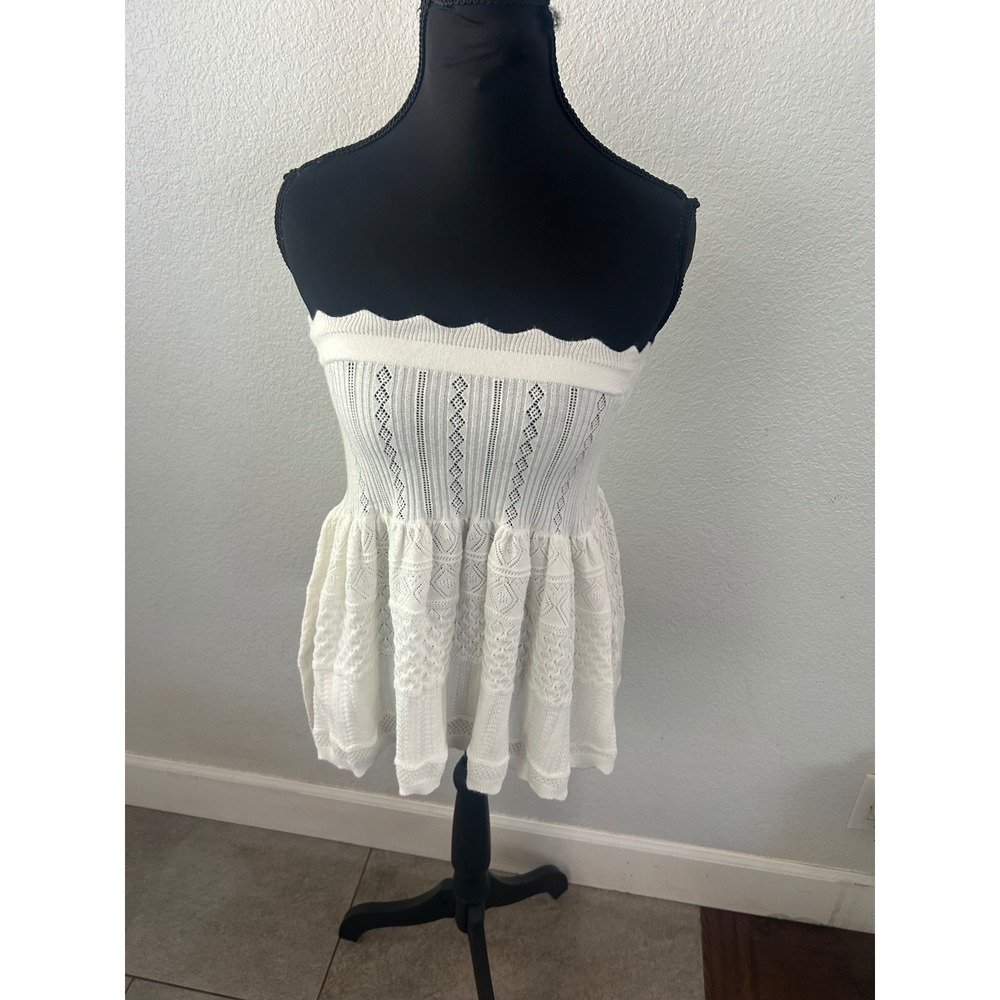 Y2K White Pointelle Knit Peplum babydoll sweater Strapless Boho Eyelet Shirt M